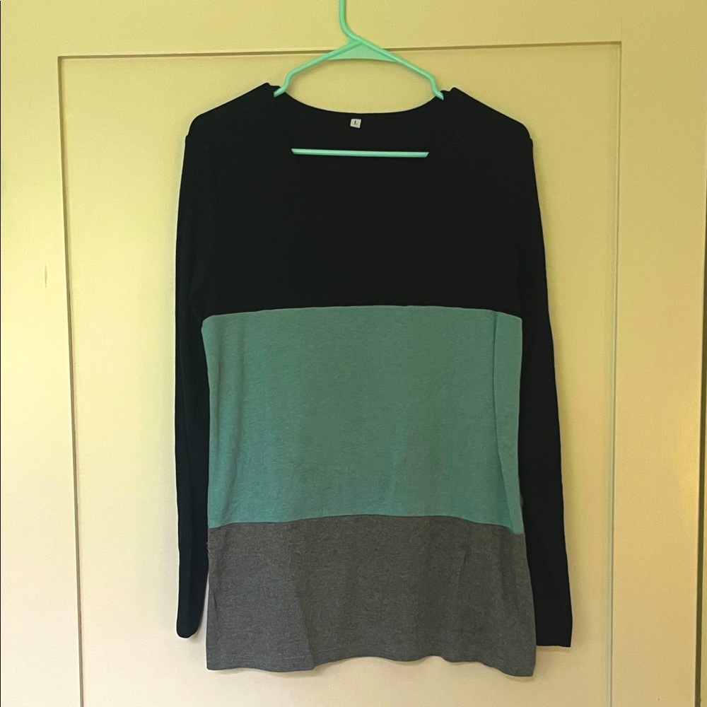 Colorblock Long Sleeve Sweater - Black, Teal, Gray
